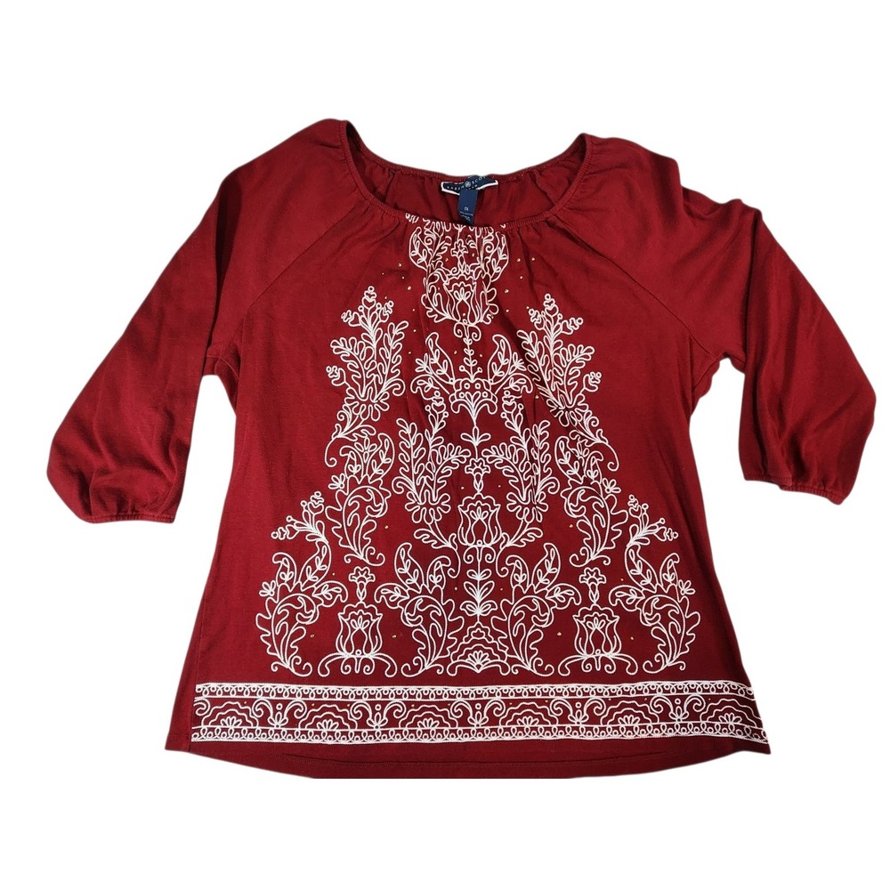 Karen Scott Top Women 1X Red Embroidered Rhinestone 3/4 Sleeve Cotton Pullover
